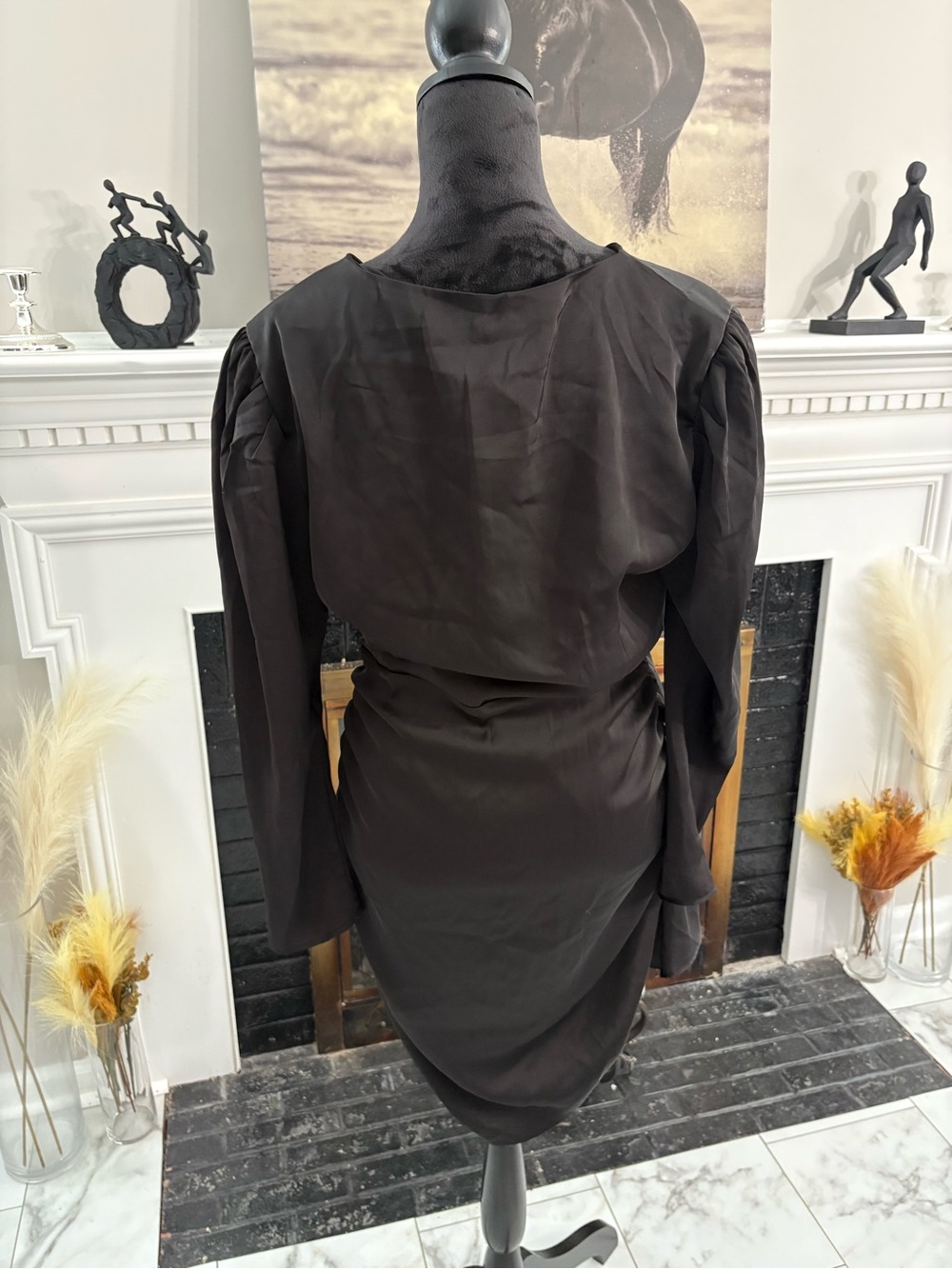 Black Long-Sleeve Wrap Mini Dress with Side Tie - Picture 2 of 4